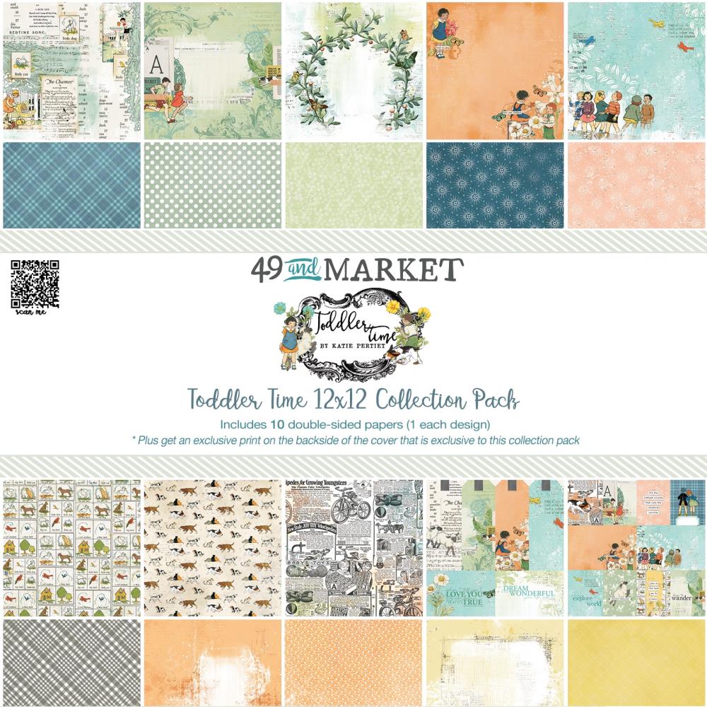 This pack of ten 12" x 12" double-sided papers from the Toddler Time Collection is versatile for card making and crafts—49 and Market.