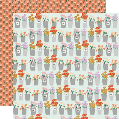 (Side A - rows of vases with flowers on a mint background, Side B - rows of small flowers on an orange background) - Simple Stories