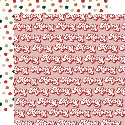 (Side A has rows of the word Merry with a red shadow on a red background; Side B has pink, red, and green colored pom poms all over on a white background) - Simple Stories.