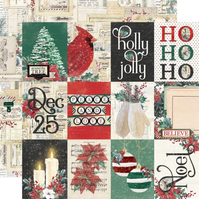 12x12 double-sided patterned paper, (Side A - twelve vintage Christmas 3x4 Journaling elements, Side B - collage of vintage tickets, library cards, and receipts) - Simple Stories.