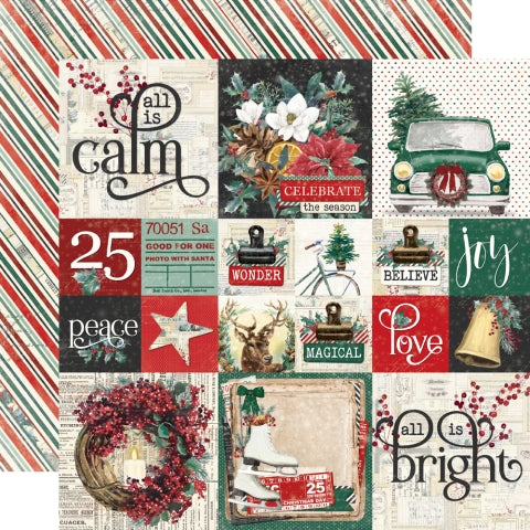 12x12 double-sided patterned paper (Side A - vintage Christmas Journaling elements, Side B - diagonal red, green, and cream stripes.) - Simple Stories.