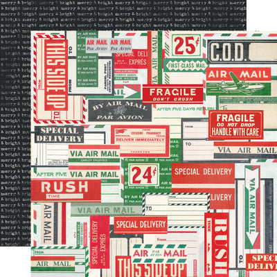 12x12 double-sided patterned paper (Side A - a collage of vintage red, green, cream, and black Christmas stickers; Side B - rows of the words "merry &amp; bright" typed out on a black background) - Simple Stories.