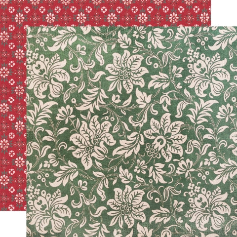 12x12 double-sided patterned paper, (Side A - cream floral on a green background, Side B - red background filled with rows of small flowers creating a diamond pattern) - Simple Stories.