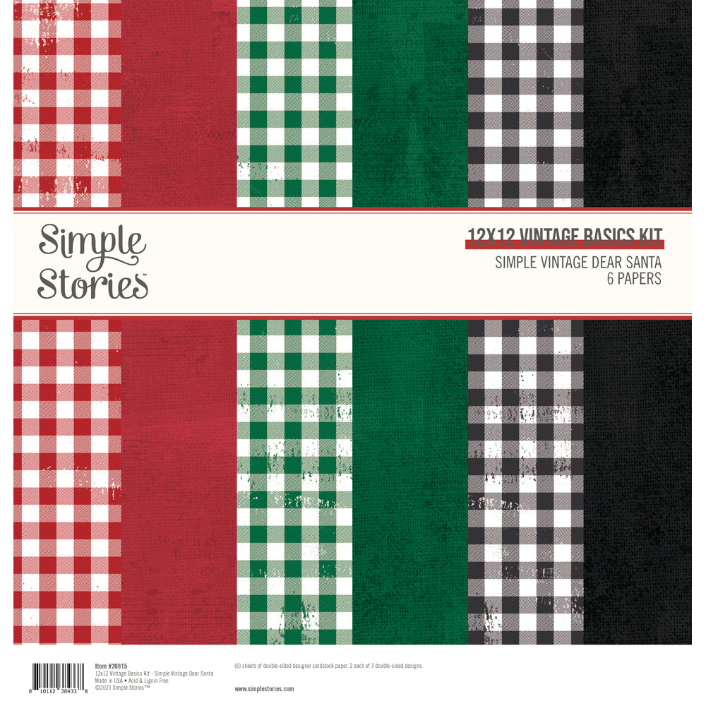 A collection of Christmas gingham papers in dark red, dark green, and black on one side and a matching distressed solid on the reverse. Six sheets of double-sided 12x12 Designer Cardstock 65 lb Accent Opaque Cardstock Smooth surface Printed on two sides Acid & lignin free Made in the USA Simple Stories 