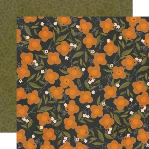 12x12 double-sided patterned paper, (Side A - orange and white flowers with spider webs on a black background, Side B - olive green background with green foliage) - Simple Stories.