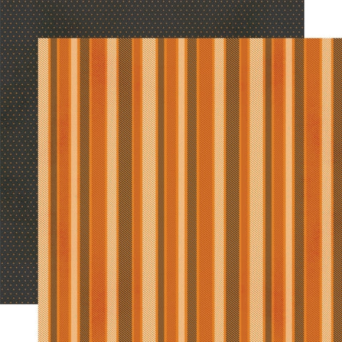 12x12 double-sided patterned paper, (Side A - orange, cream, and brown stripes. Side B - black background with tiny orange polka dots) - Simple Stories.