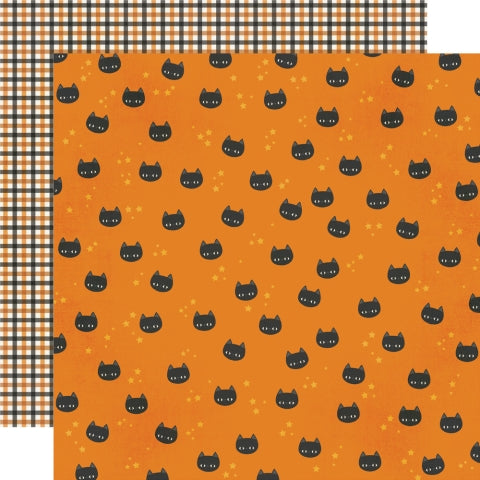 12x12 double-sided paper - (Side A - black cat faces and yellow stars on an orange background, Side B - orange and black plaid) - Simple Stories.