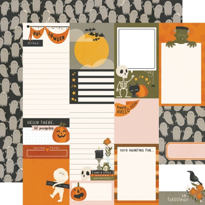 12x12 double-sided patterned paper, (Side A - Halloween journaling elements with phrases and images, Side B - gray ghosts on a black background) - Simple Stories.