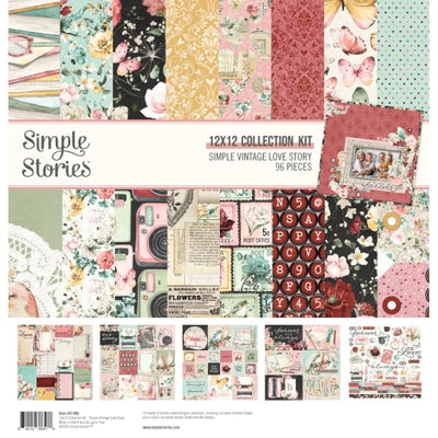 Simple Vintage Love Story Collection Kit includes 12 double-sided 12x12 Designer Cardstock, including cut-apart Element Sheets and a 12x12 Cardstock Sticker Sheet; 96 pieces.