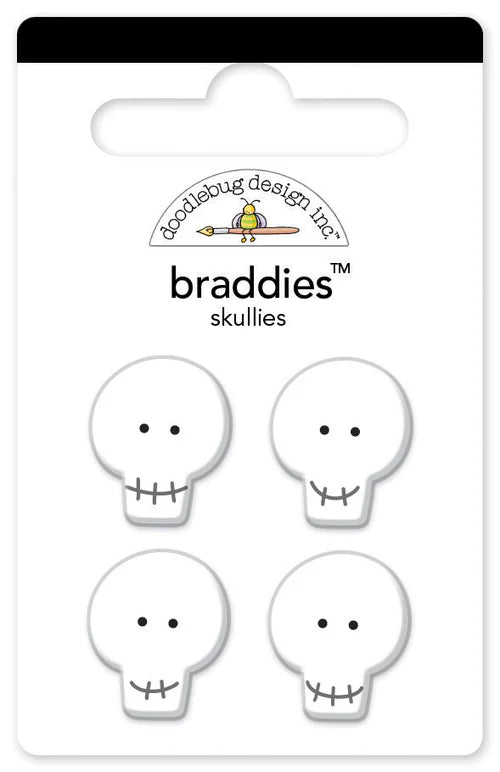 Four glossy-finish skulls brads. These braddies can be used on cards, scrapbook pages, tags, journals, and other paper crafting projects.&nbsp;