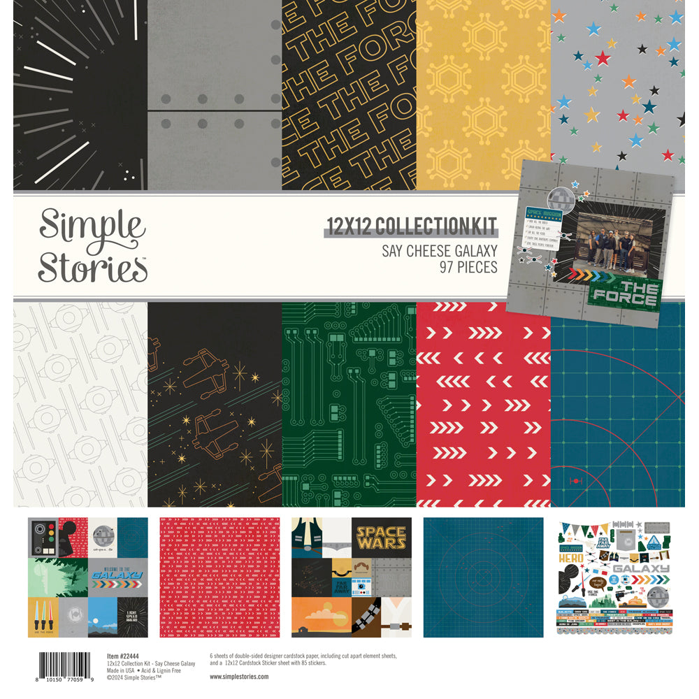 Say Cheese Galaxy Collection Kit includes 6 sheets of double-sided 12x12 Designer Cardstock, including cut apart Journal, and Element Sheets, and a 12x12 Cardstock Sticker Sheet (91).