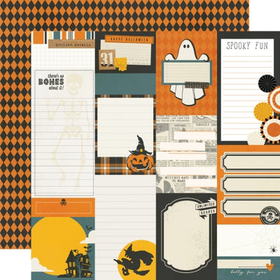 12x12 double-sided patterned paper, (Side A - Halloween journaling elements, Side B - orange and black diamond pattern) - Simple Stories.