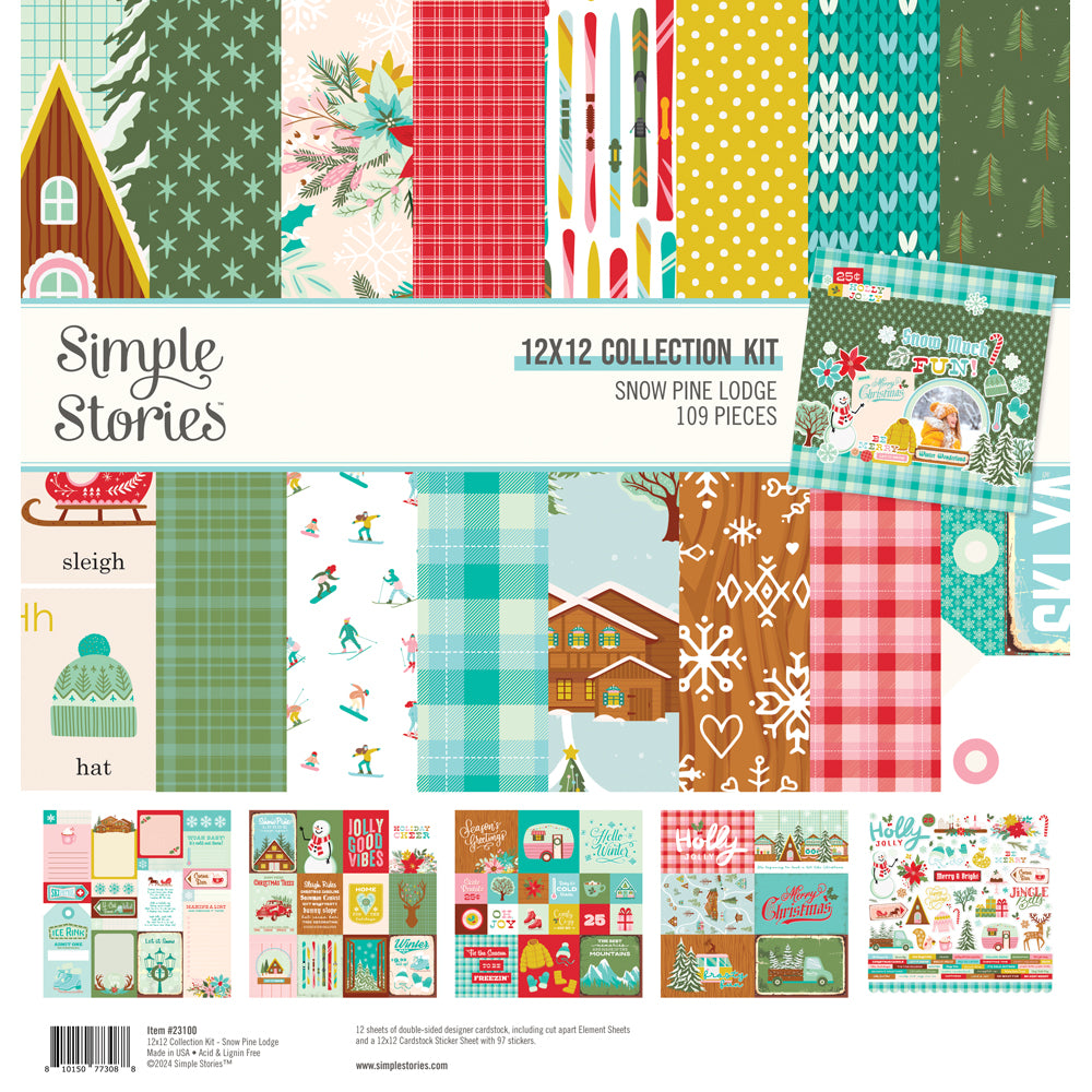 Snow Pine Lodge Collection Kit includes 12 sheets of double-sided 12x12 Designer Cardstock, including cut apart Journal, Tags, and Element Sheets and a 12x12 Cardstock Sticker Sheet (97); 109 pieces.