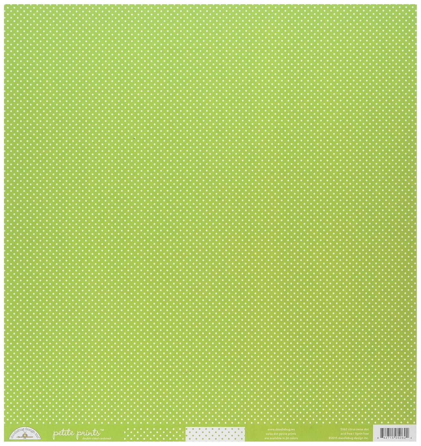 12x12 patterned cardstock. (Side A - white Swiss dot on lime green, Side B - lime green Swiss dot on white) Double-sided paper printed on both sides. Smooth surface. Acid & lignin-free.