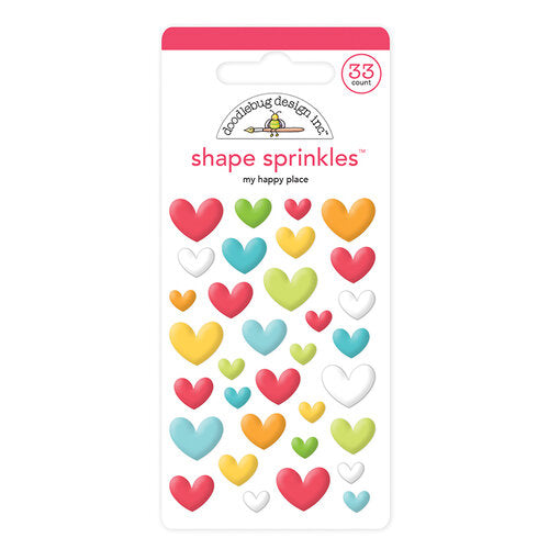 MY HAPPY PLACE Shape Sprinkles - Self-Adhesive Enamel Shapes from Doodlebug Design - 33 self-adhesive enamel heart shapes. Shapes are self-adhesive and come in five different colors. From Doodlebug Design.