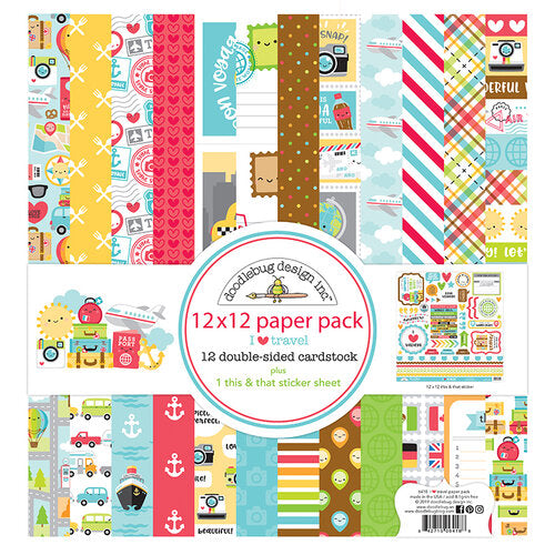 Pack of twelve 12" x 12" double-sided papers and one sticker sheet from the I Heart Travel collection. Versatile for card making and crafts. Doodlebug Design