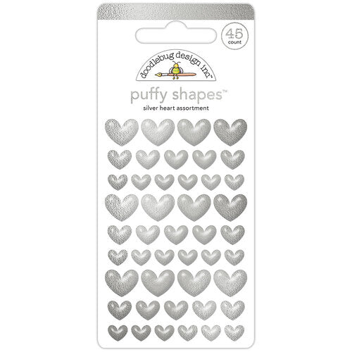 45 Self-adhesive puffy heart shapes in small, medium, and large sizes. All Silver. From Doodlebug Design.