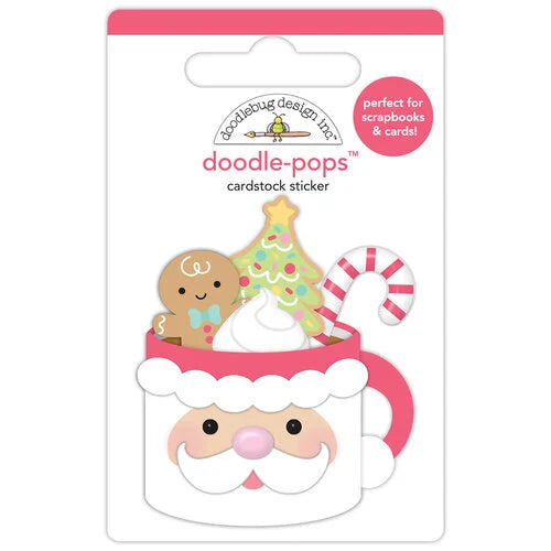 Santa mug with Christmas items, doodle-pops sticker, and a fun embellishment for craft projects by Doodlebug Design.