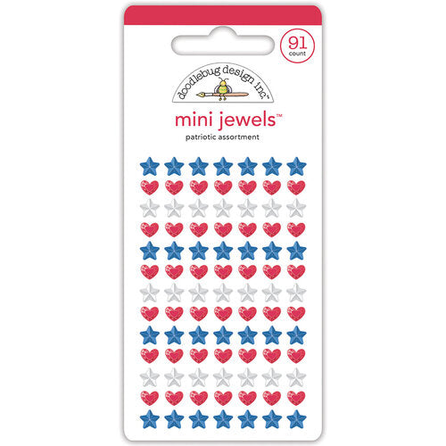 Ninty-one self-adhesive rhinestones in red, white, and blue colors, in hearts and stars, from Doodlebug Design.