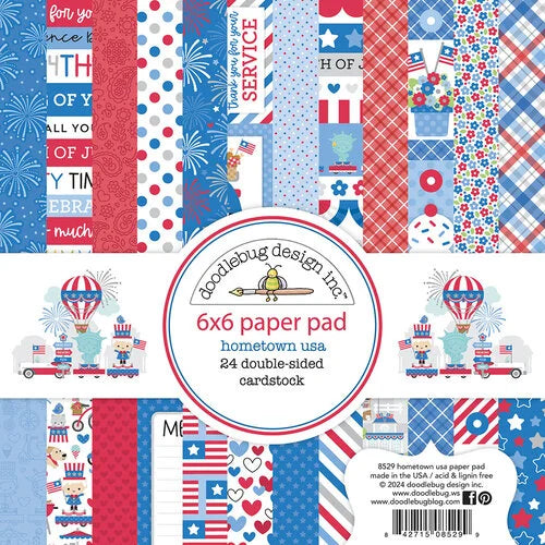 This 6x6 Hometown USA pad has 24 double-sided sheets, great for 4th of July card making and other craft projects. It matches the Doodlebug Design Hometown USA Collection.