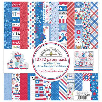 Pack of twelve 12" x 12" double-sided papers and one sticker sheet from the Hometown USA collection. Versatile for card making and crafts. Doodlebug Design