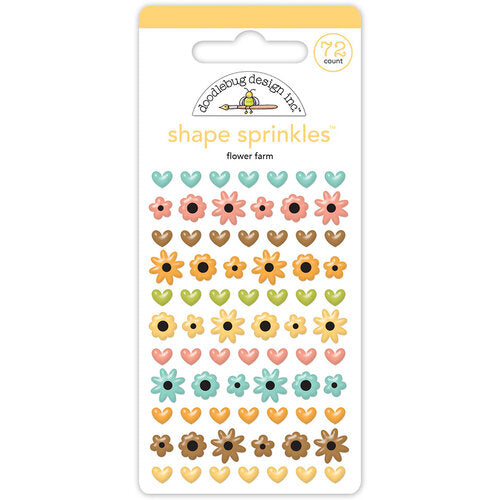 Introducing the Flower Farm Shape Sprinkles by Doodlebug Design! Add a delightful touch to your crafts and projects with these self-adhesive enamel shapes. Bursting with love and charm, this set features a variety of adorable heart and flower-shaped designs in pastel colors. 