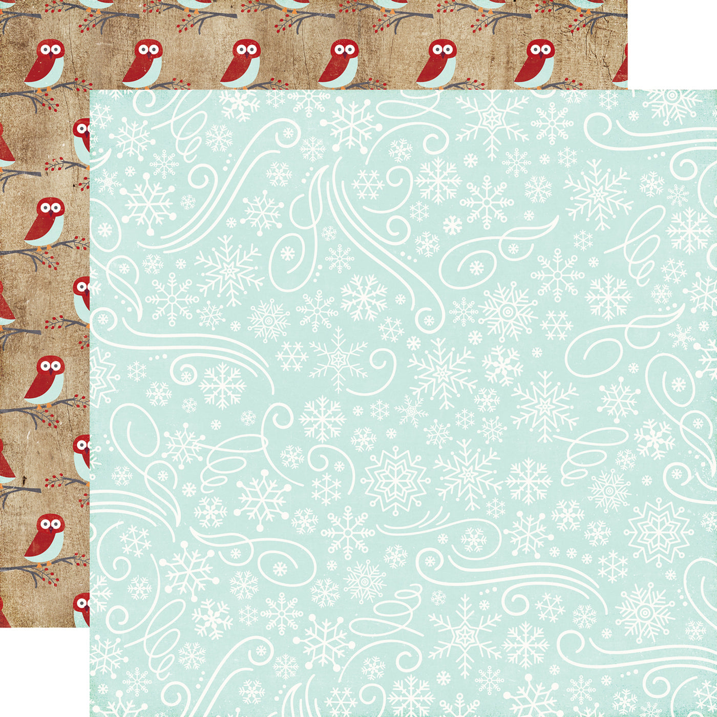 (Side A - a festive winter pattern with white snowflakes and swirls on a light blue background., Side B - red owls perched on branches with berries, repeated on a brown distressed background)