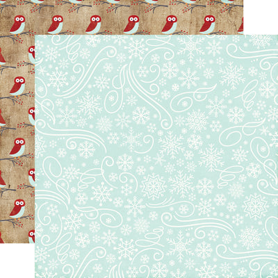 (Side A - a festive winter pattern with white snowflakes and swirls on a light blue background., Side B - red owls perched on branches with berries, repeated on a brown distressed background)