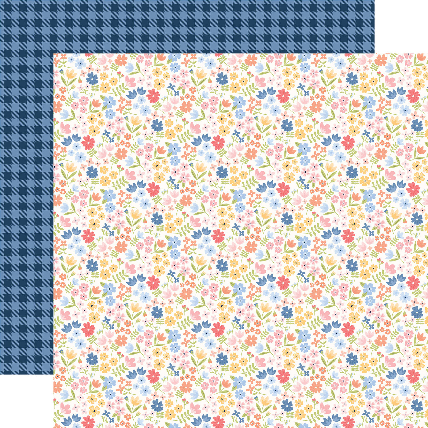 (white background is covered with a dense and repeating pattern of tiny flowers in various colors like pink, blue, yellow, and orange with a classic gingham pattern in a deep blue color reverse)