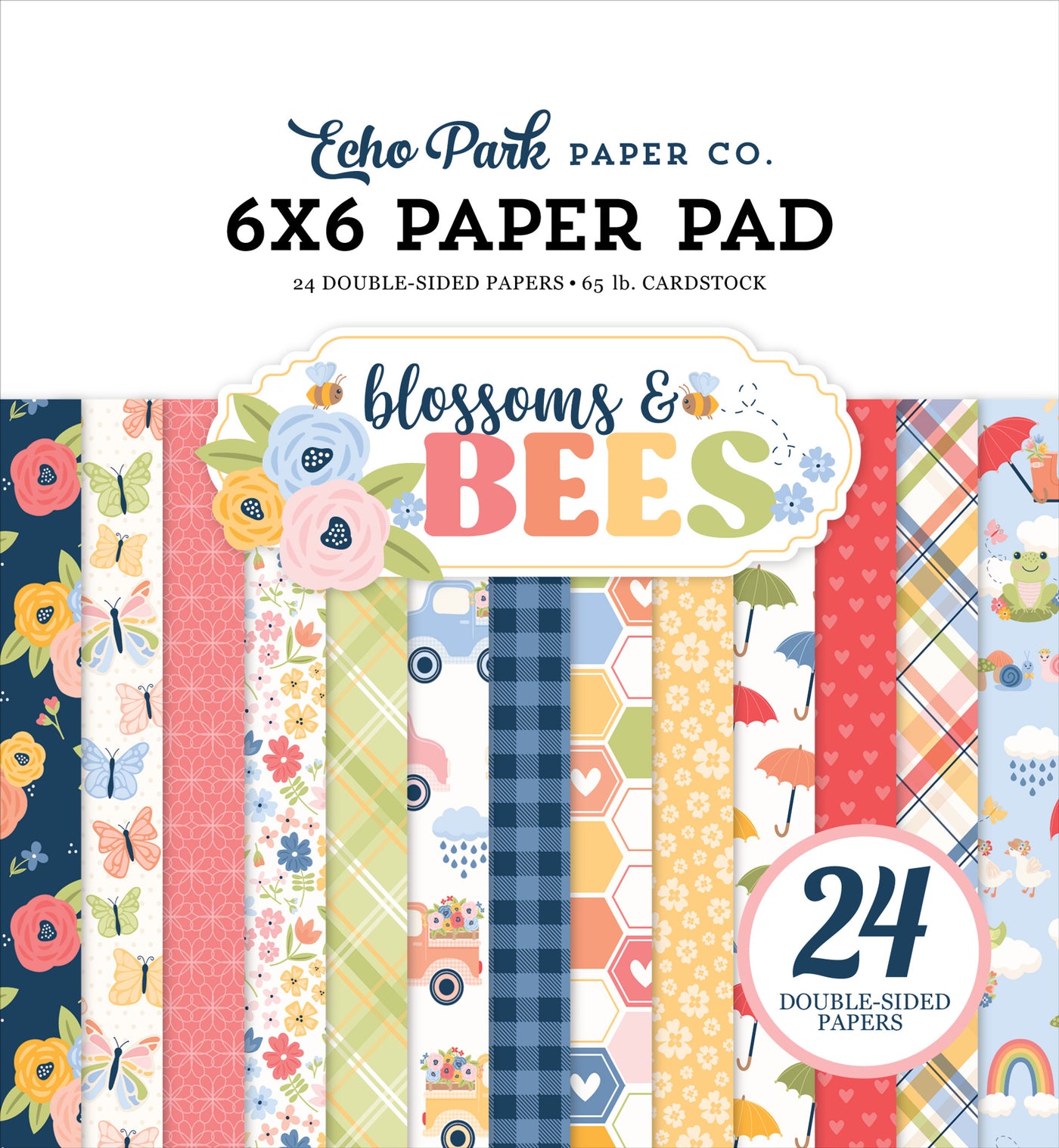 The "Blossoms &amp; Bees" 6x6 Paper Pad from Echo Park Paper Co. is a collection of 24 double-sided patterned papers designed for crafting projects with a spring and garden theme.