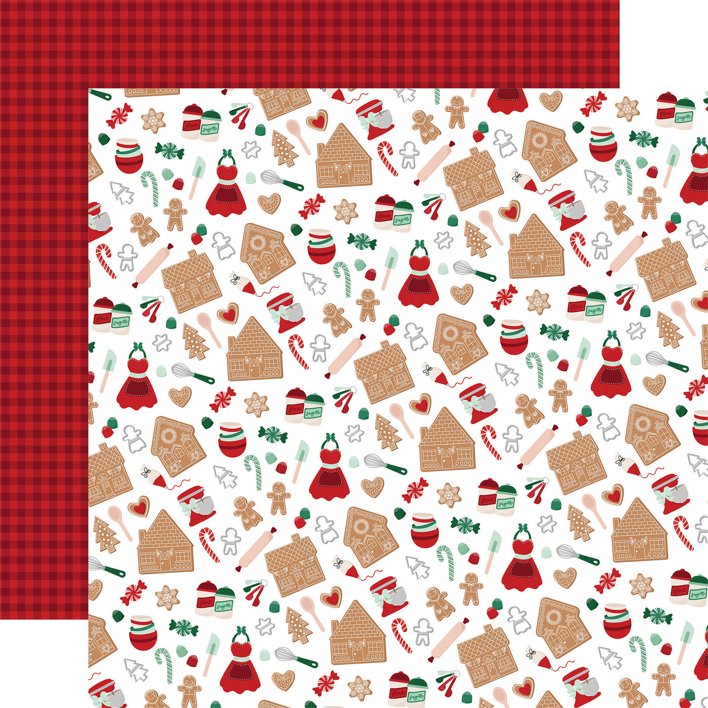 (Side A - a pattern of various Christmas-themed elements, including gingerbread houses, gingerbread men, candy canes, cookie cutters, and aprons; Side B - red on dark red gingham)