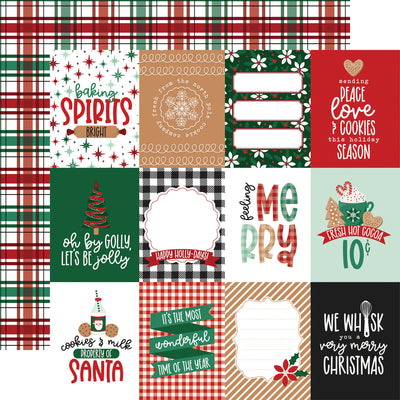 (Side A - a collection of different Christmas-themed designs and phrases in a variety of colors and styles; Side B - red and green plaid stripes on a white background)