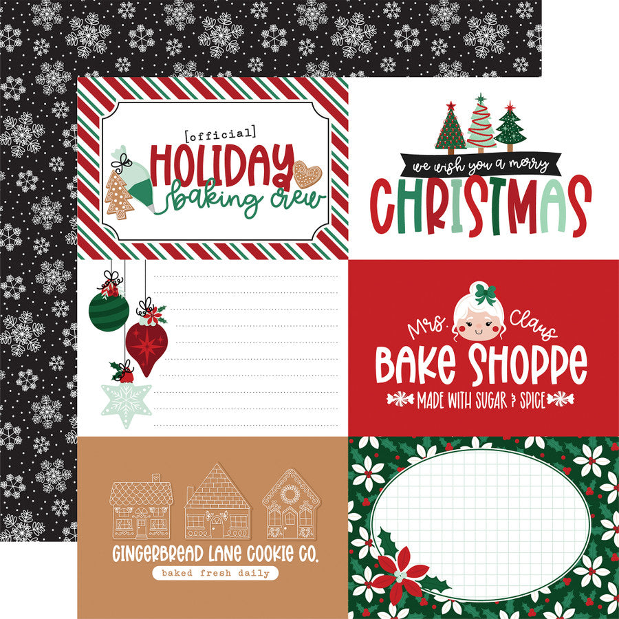 (Side A - Christmas journaling cards with elements like gingerbread houses, Christmas trees, ornaments, and a cute Mrs. Claus illustration. The text includes phrases like "Holiday Baking Crew," "We Wish You a Merry Christmas," and "Gingerbread Lane Cookie Co.," Side B - white snowflakes on a black background)