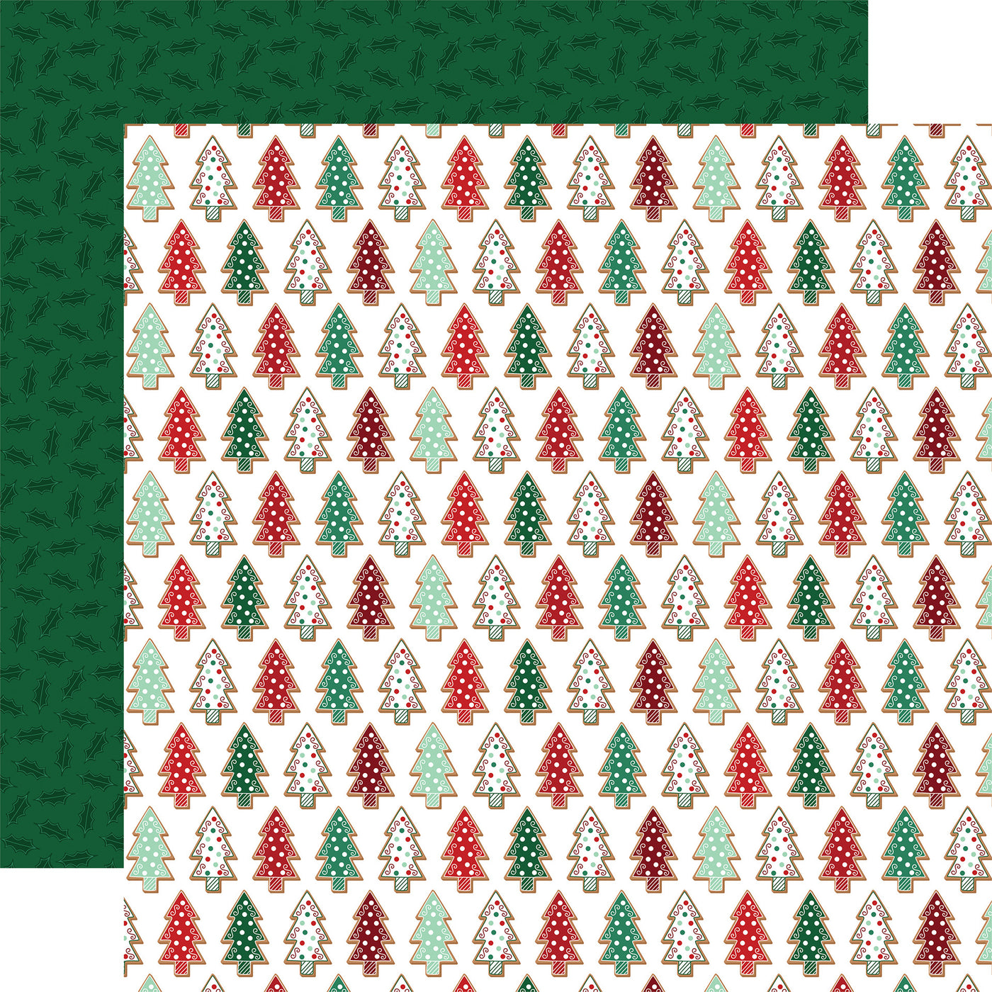 (Side A - white background is covered with a repeating pattern of gingerbread cookie-shaped Christmas trees, Side B - a repeating pattern of green holly leaves on a green background)