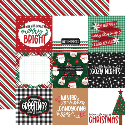 (Side A - various Christmas-themed designs, including plaid patterns, snowflakes, Santa Claus, and Christmas trees; Side B - a classic candy cane stripe design in a festive color scheme of red, green, and white. The stripes are arranged diagonally)