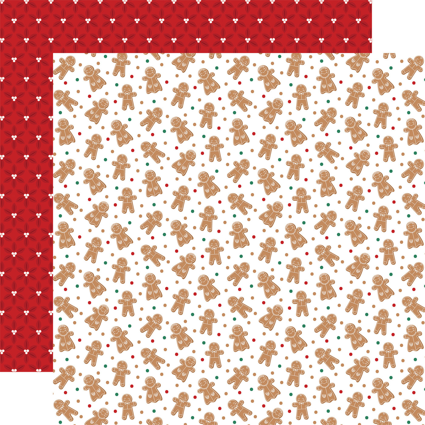 (Side A -gingerbread men and women, along with red and green dots on a white background. Side B - consists of tiny red snowflakes with white dots in the centers arranged in a repeating geometric pattern on a red background)