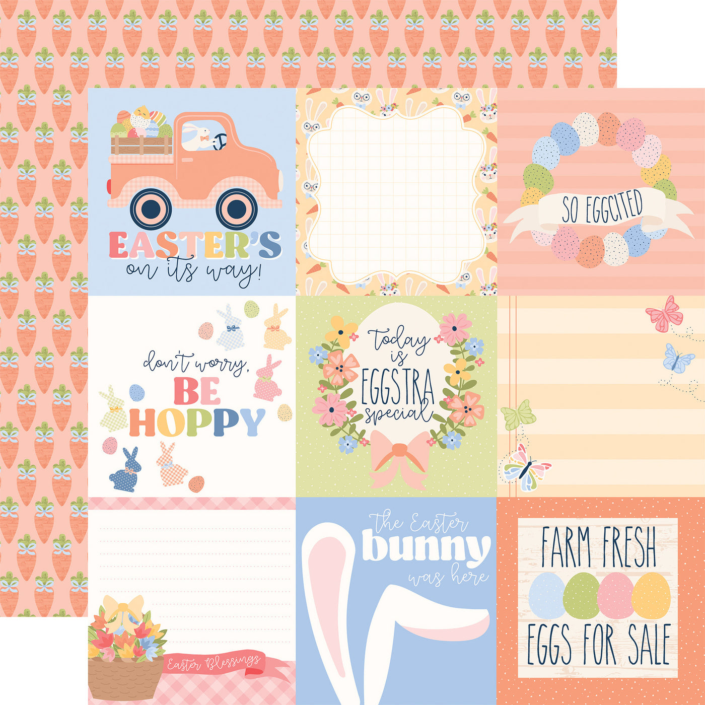 12x12 double-sided patterned paper - Side A 4x4 Easter journaling cards, Side B has a peach background with rows of carrots—archival quality, acid-free.