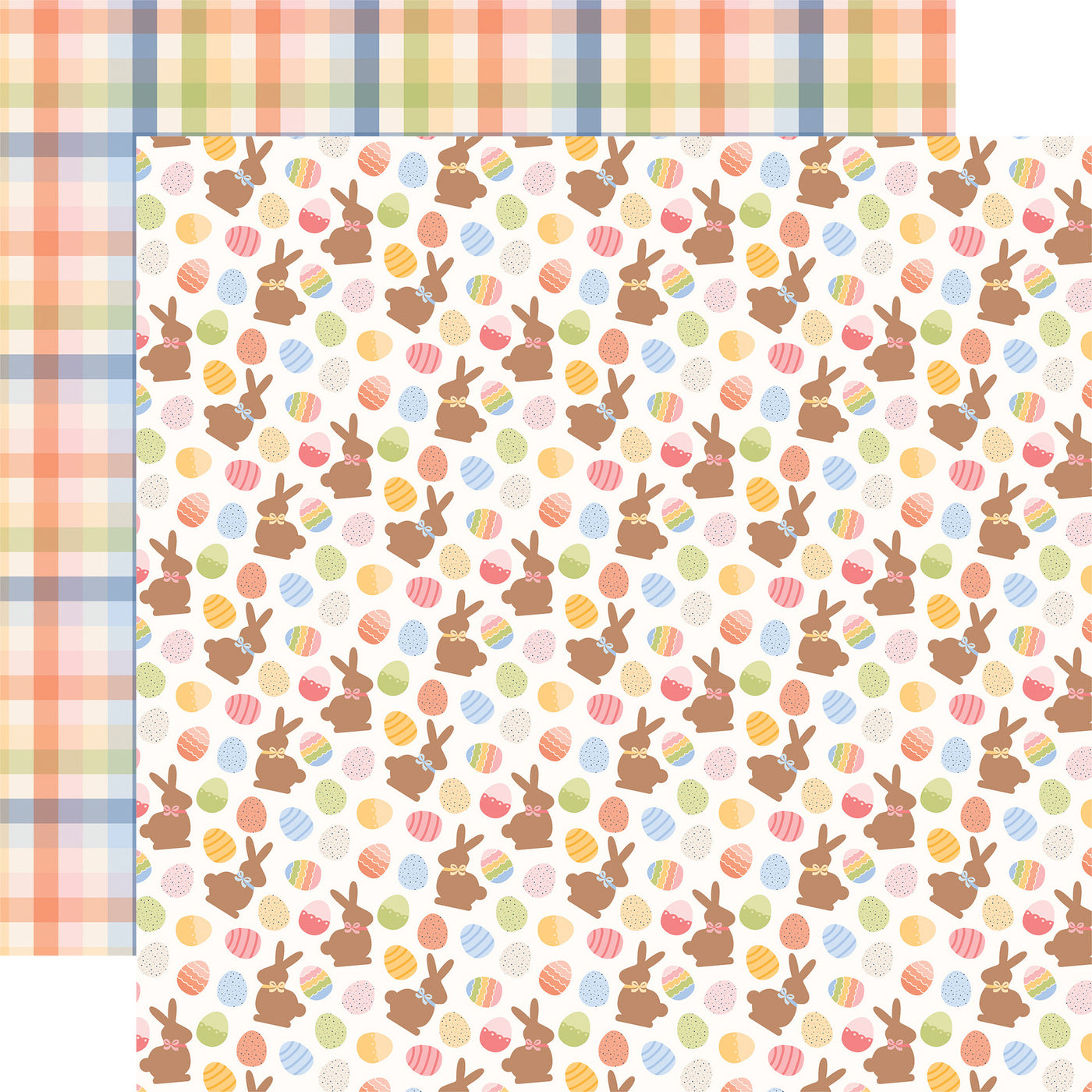 (Side A - white background is covered with a repeating pattern of chocolate bunnies and colorful Easter eggs, Side B - a cheerful gingham in shades of orange, yellow, green, and blue)