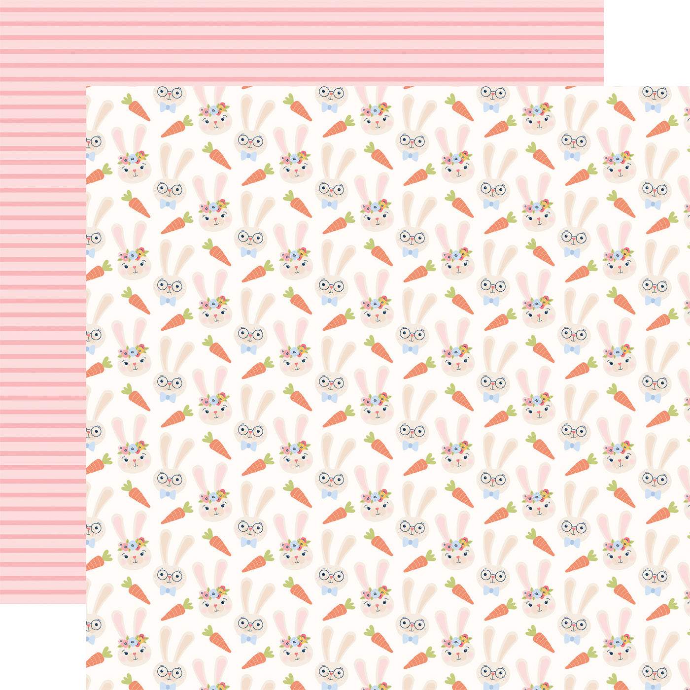 From Echo Park Paper, 12x12 double-sided patterned paper - colorful, pastel Easter bunny faces on the front with pink stripes reverse.