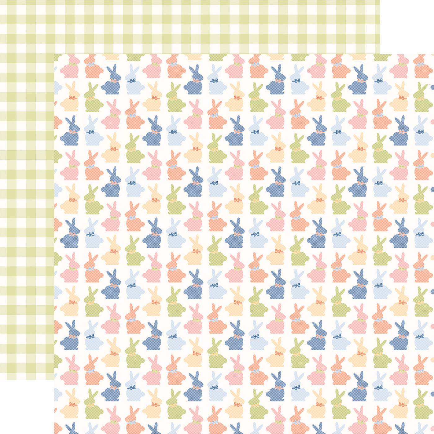 (Side A - a white background is covered with a repeating pattern of pastel-colored chocolate bunnies., Side B - features a classic gingham pattern in a soft, muted green color)