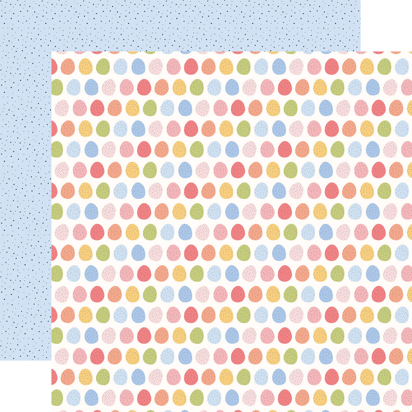 (a white background covered with a repeating pattern of colorful eggs, and the light blue background has a repeating pattern of tiny black dots reverse)