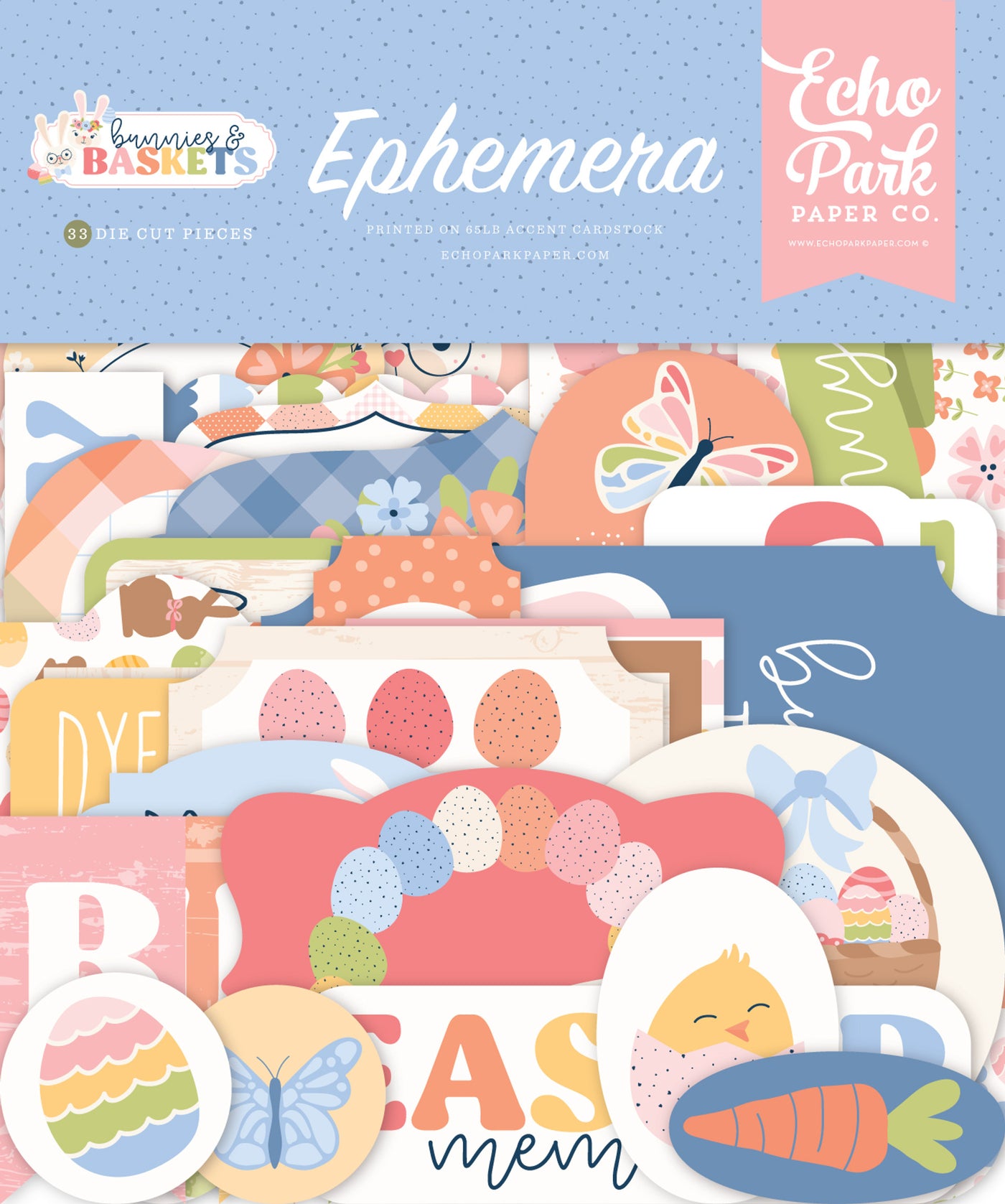 Baskets And Bunnies Ephemera Die Cut Cardstock Pack. Pack includes 33 different die-cut shapes ready to embellish any project. 