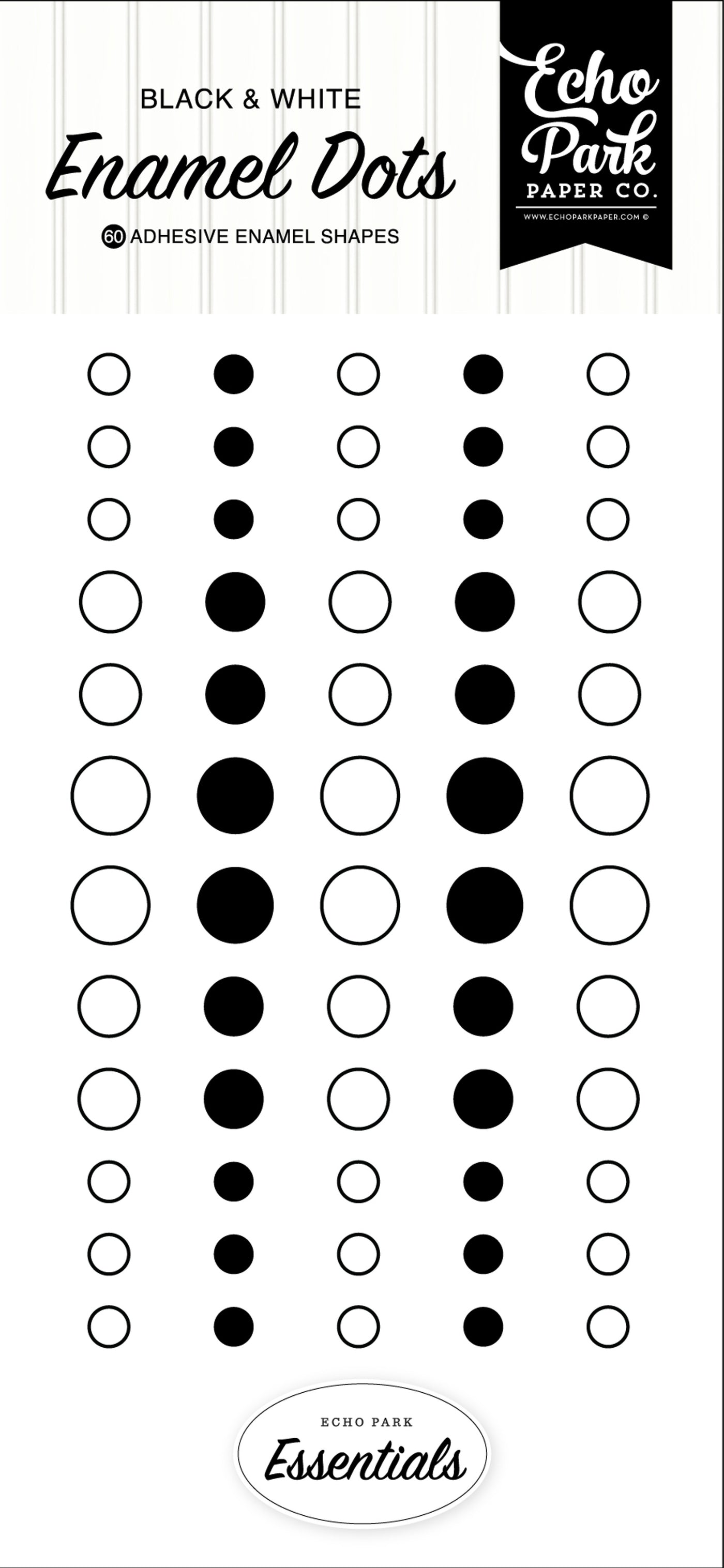 Sixty enamel dots in black and white, in three sizes, with an adhesive back, designed to coordinate with the Essentials Collection by Echo Park.