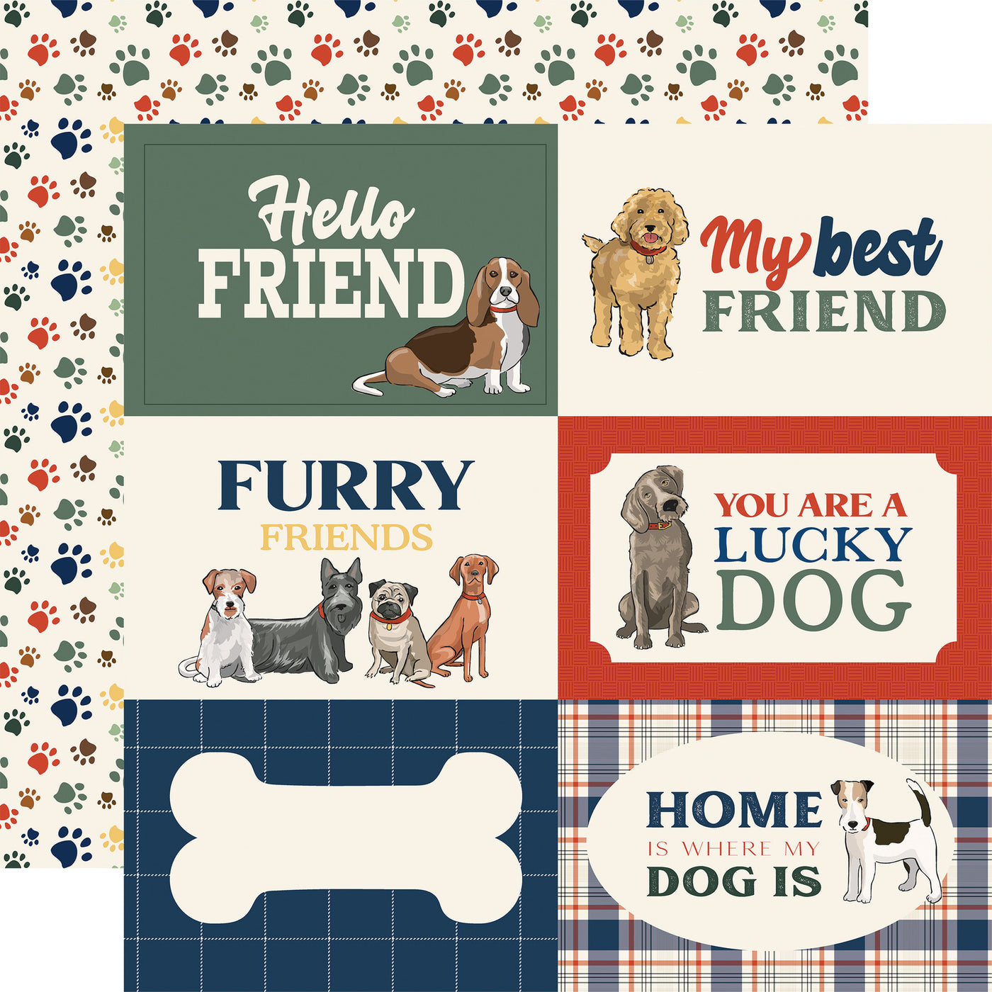 12x12 double-sided patterned paper (Side A - journaling cards with images and phrases about dogs, Side B - multicolored paw prints on an off-white background) - Carta Bella.