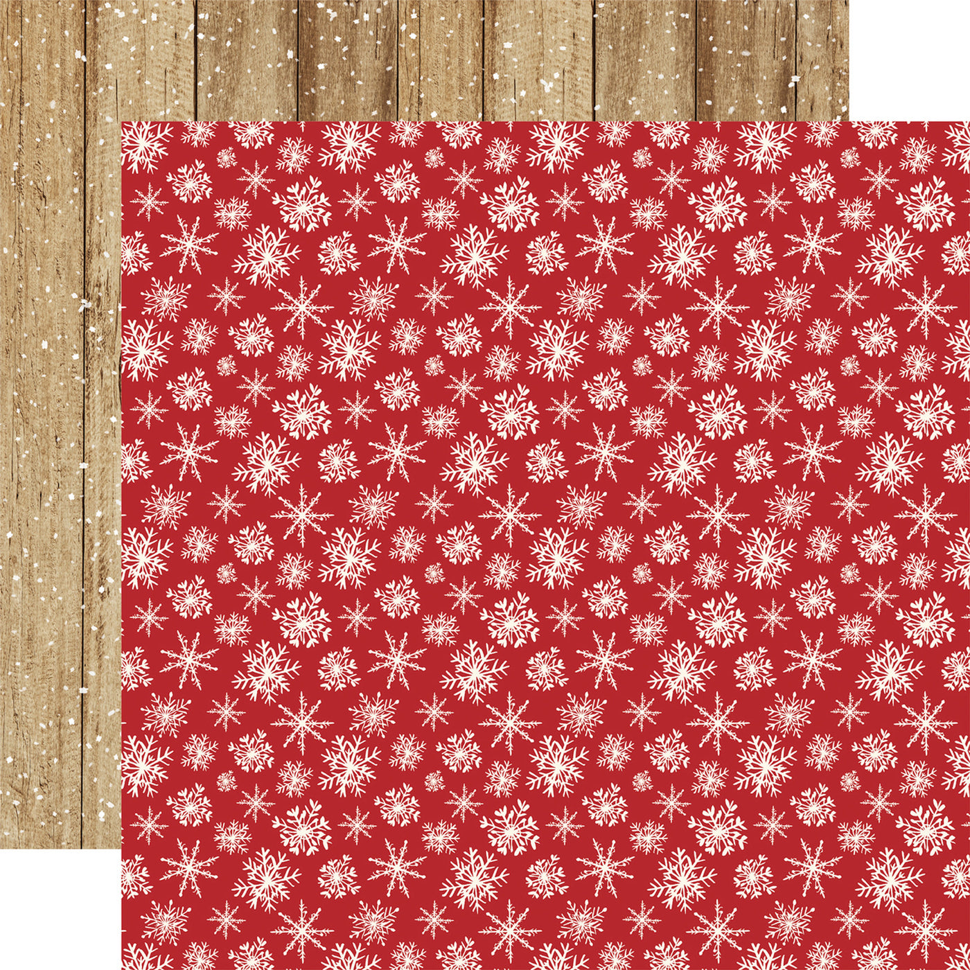 Double-sided 12x12 cardstock with white snowflakes all over a red background; the reverse is a tan woodgrain background with white snow falling. 80 lb cover. Felt texture.