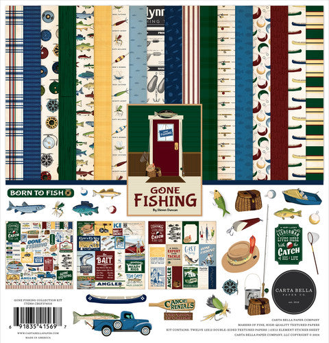 Gone Fishing 12x12 Collection Kit from Carta Bella Paper - Twelve double-sided papers with fishing and outdoor themes. 12x12 inch textured cardstock; includes Element Sticker Sheet.