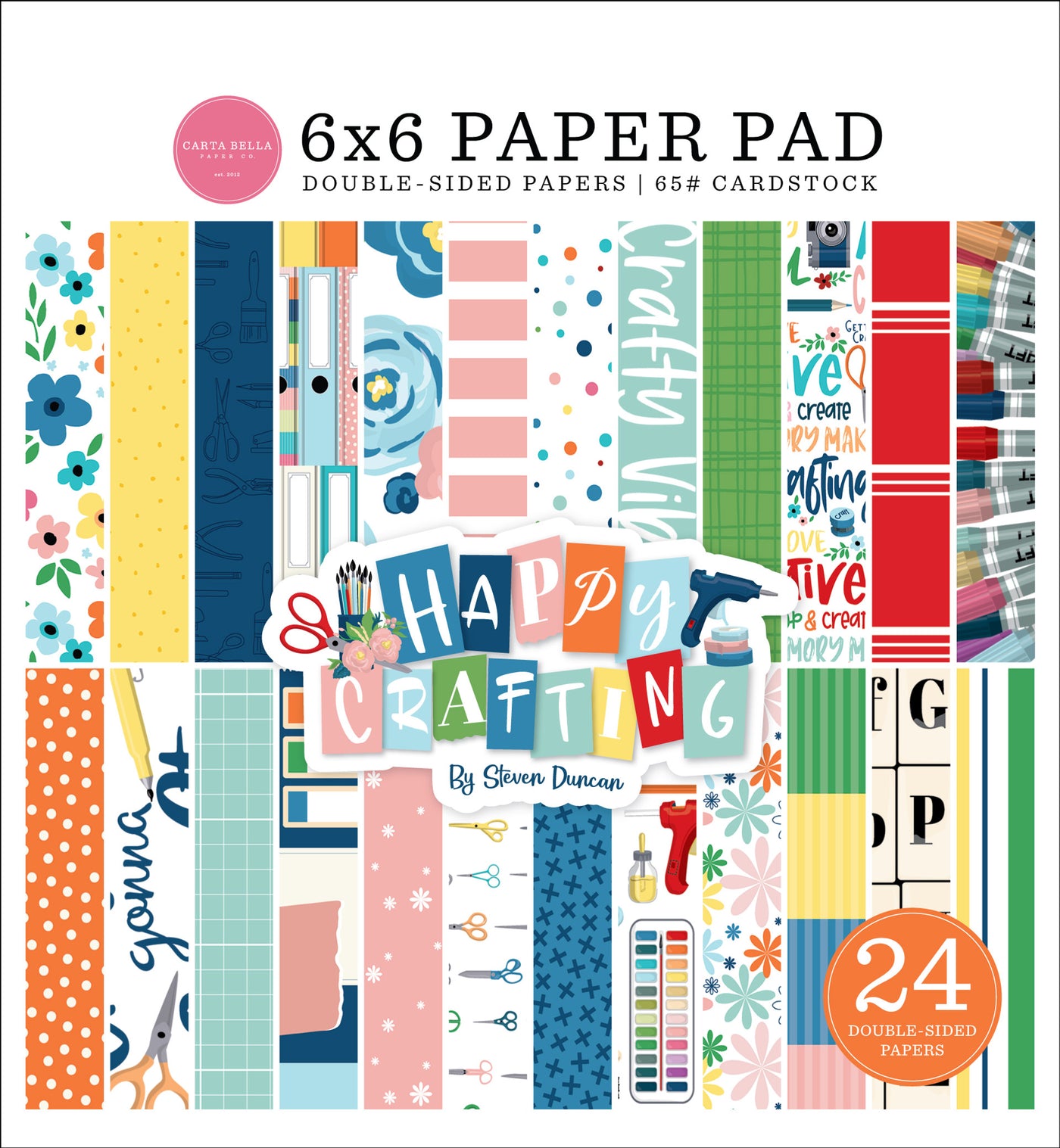 This 6x6 pad has 24 double-sided sheets. Scaled-down images are great for card making and similar crafts. This pad features fun craft and scrapbooking motifs.