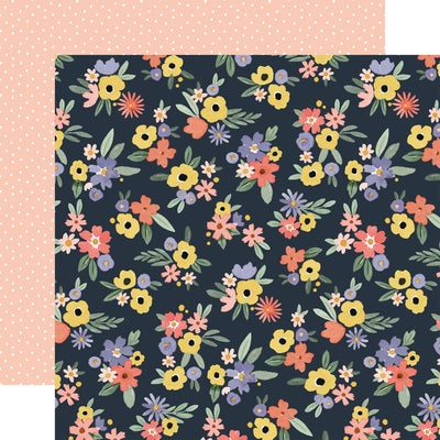 12x12 double-sided patterned paper - (sweet pink, yellow, and blue floral blooms all over all navy blue background with white polka dots all over on peach reverse) - from Carta Bella Paper