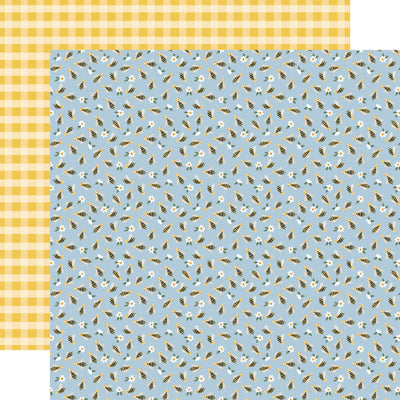 (light blue background is covered with a repeating pattern of small, yellow bees and tiny white flowers with yellow gingham reverse)