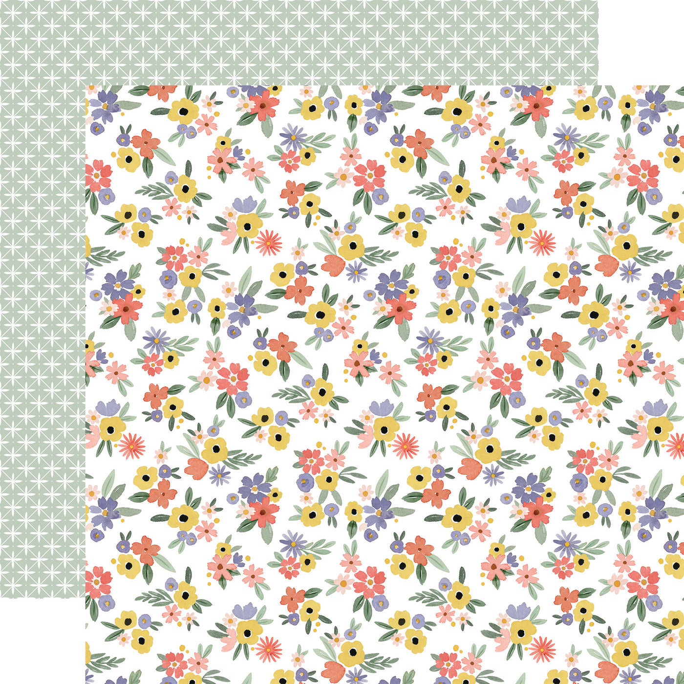 (Side A - white background is covered with a dense and repeating pattern of tiny flowers in various colors like pink, blue, yellow, and orange. Side B - &nbsp;light green background is covered with a repeating pattern of tiny white plus signs)